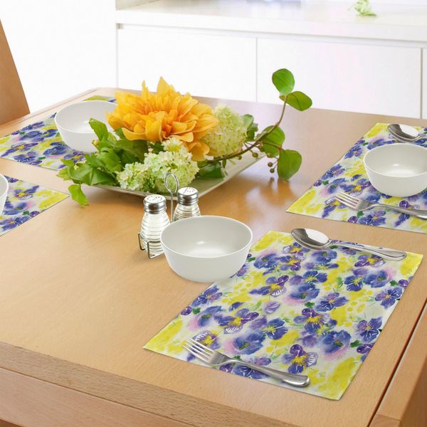 Abakuhaus Tovagliette Acquerello Con Fiori, Giardino Di Campo Viola Con Farfalle In Colori Chiari - Stampa Naturale - Tessuto Resistente Al Lavaggio Per Sala Da Pranzo E Cucina, Viola E Giallo-image