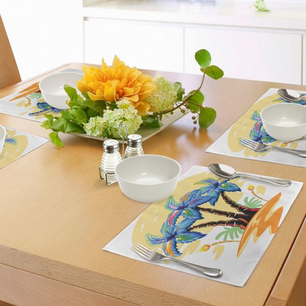 Tovagliette Abakuhaus Con Motivo Palma, Isola Tropicale Colorata Con Palme Hawaiane, Fiaccole, Gabbiani E Tramonto, Tovaglietta Decorativa In Tessuto Resistente Ai Colori Per La Sala Da Pranzo E La Cucina, Arancione E Blu.-image