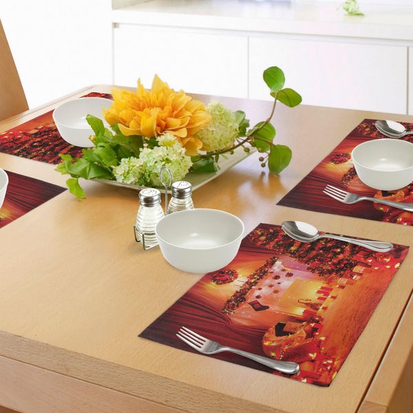 Tovagliette Natalizie Abakuhaus, Noel Room Design Con Mazzo Di Oggetti Holly Yule Illuminato Fantasy Eve Picture, Tiscjdeco In Tessuto Resistente Ai Colori Per La Sala Da Pranzo E La Cucina, Arancione-image