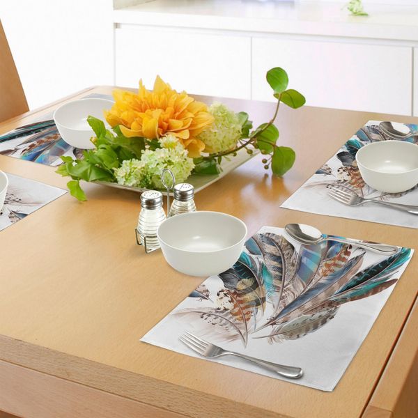 Abakuhaus Tovagliette Con Piume, Tipi Vaned E Natal Contour Piume Di Uccelli In Volo E Stampa Con Elementi Di Pelle Animale, Tiscjdeco In Tessuto Resistente Al Lavaggio Per La Sala Da Pranzo E La Cucina, Marrone Verde Acqua-image