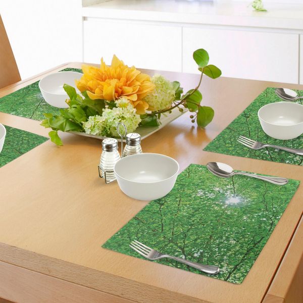 Tovagliette Abakuhaus Wald, Sun Con Rami E Foglie Design Rurale Rilassante, Tranquillo E Sereno, Tiscjdeco In Tessuto Resistente Al Colore Per La Sala Da Pranzo E La Cucina, Verde-image