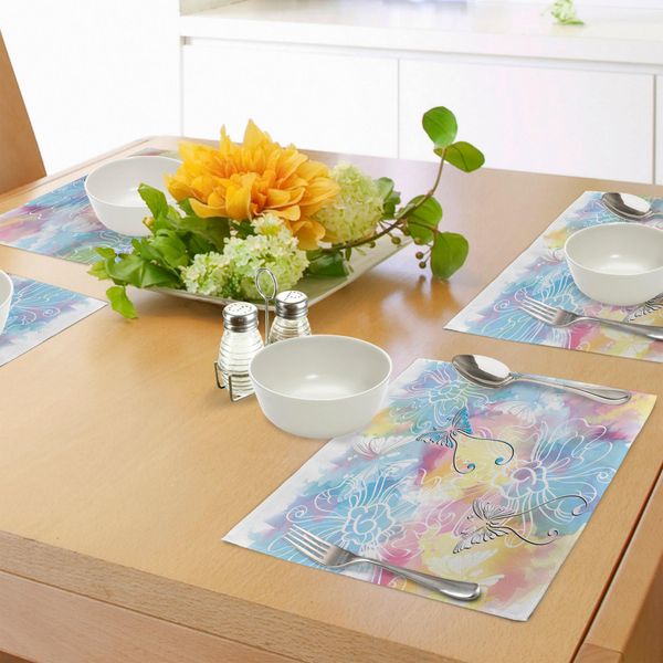 Abakuhaus Tovagliette Colorate, Sfondo Romantico Con Pennellate Sfocate E Motivi A Farfalle, Tiscjdeco In Tessuto Resistente Al Colore Per La Sala Da Pranzo E La Cucina, Multicolore-image