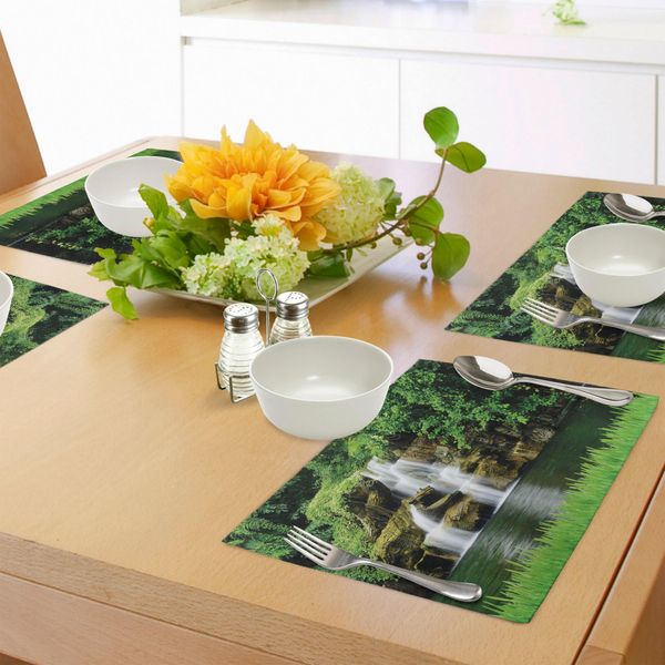 Tovagliette Abakuhaus Con Cascata, Doppie Cascate Che Scorrono Verso Un Lago Verde Naturale Con Cespugli Ed Erba Come Una Stampa Da Giardino, Tiscjdeco In Tessuto Resistente Al Lavaggio Per La Sala Da Pranzo E La Cucina, Verde-image