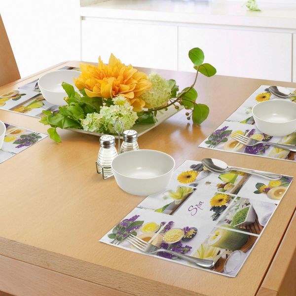 Tovagliette Abakuhaus Spa, Giornata Felice E Tranquilla In Una Località Termale Con Fiori, Candele E Oli Essenziali, Decorazioni Da Tavola In Tessuto Resistente Ai Colori Per La Sala Da Pranzo E La Cucina, Viola, Giallo E Bianco-image