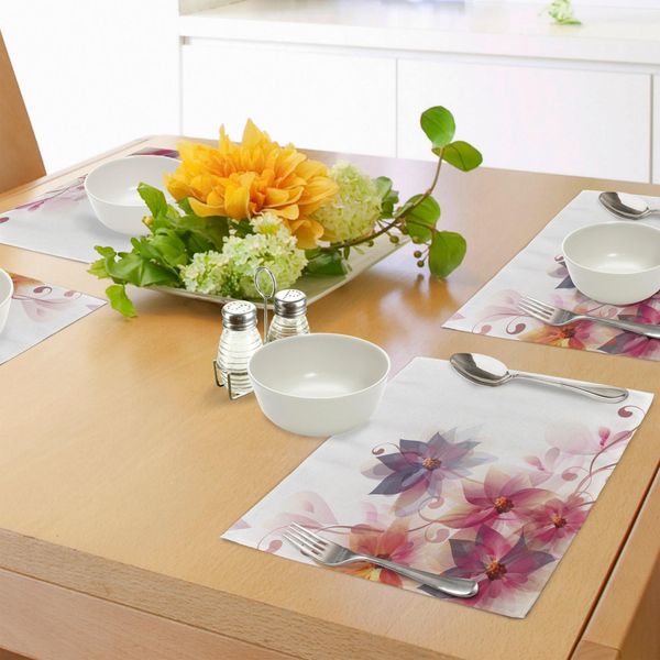 Abakuhaus Tovagliette Astratte, Motivo Floreale Moderno Con Fiori E Foglie Immagine Romantica Dettagliata, Tovaglietta Decorativa In Tessuto Resistente Al Lavaggio Per La Sala Da Pranzo E La Cucina, Arancione, Lilla E Rosa-image