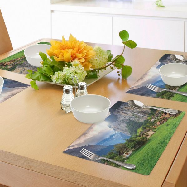 Abakuhaus Tovagliette Europee, Città Turistica GrüNfelder Lauterbrunnen Oberland Bernese Svizzera Europa, Tiscjdeco In Tessuto Resistente Ai Colori Per La Sala Da Pranzo E La Cucina, Verde Grigio-image