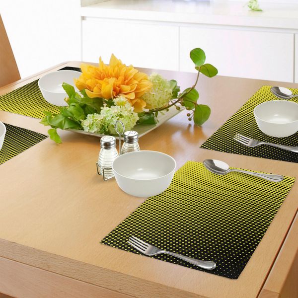 Tovagliette Abakuhaus Gialle, Motivo Sfumato Su Sfondo Giallo Con Pois Neri Di Dimensioni Variabili, Tiscjdeco In Tessuto Resistente Al Lavaggio Per La Sala Da Pranzo E La Cucina, Giallo E Nero-image