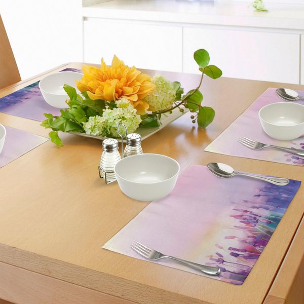 Tovagliette Abakuhaus Con Motivi Floreali, Lavanda Sfocata In Stile Country-Nature, Stampa Artistica Dei Prati, Decorazioni Da Tavola In Tessuto Resistente Al Lavaggio Per La Sala Da Pranzo E La Cucina, Viola Lilla.-image