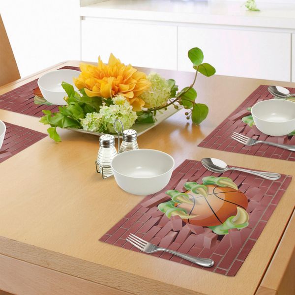 Abakuhaus Tovagliette Con Motivo Muratura, Mano Mostruosa Con Artigli Che Tiene Una Palla Da Basket Attraverso Un Muro Di Mattoni, Tiscjdeco In Tessuto Resistente Al Lavaggio Per La Sala Da Pranzo E La Cucina, Verde Lime Arancione Rosso Corallo-image
