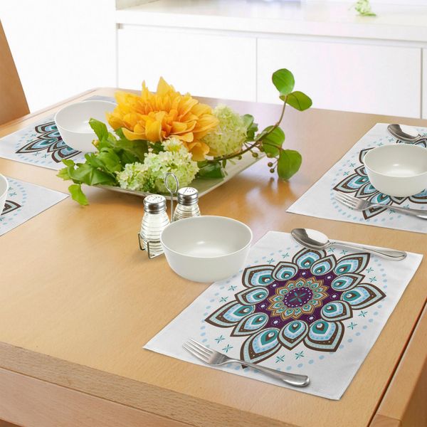 Tovagliette Abakuhaus Mandala, Motivo Boho Lotus Flower Stilizzato Microcosm, Tema Spirituale Retrò Unico, Tiscjdeco In Tessuto Resistente Al Lavaggio Per La Sala Da Pranzo E La Cucina, Viola Marrone Verde Acqua-image