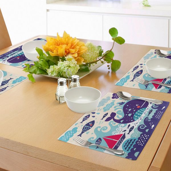 Abakuhaus Tovagliette Viola, Traffico Marittimo Con Barca A Vela A Forma Di Balena E Pesci Con Nuvole E Onde, Tiscjdeco In Tessuto Resistente Al Lavaggio Per La Sala Da Pranzo E La Cucina, Viola-image