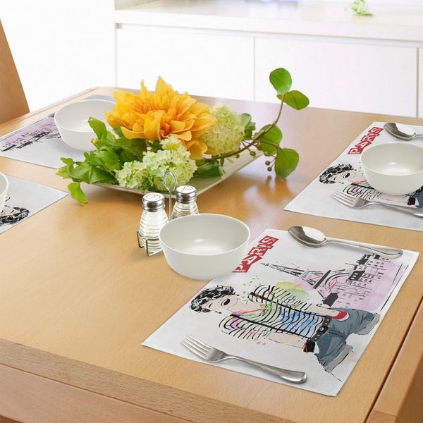 Tovagliette Abakuhaus Torre Eiffel, Disegno Della Fantastica Ragazza Sorridente Davanti Alla Torre Eiffel - Parigi - Macchia Di Felicità, Tiscjdeco In Tessuto Resistente Al Lavaggio Per La Sala Da Pranzo E La Cucina, Multicolore-image
