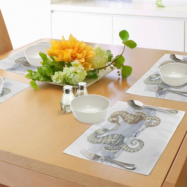 Tovagliette Abakuhaus Con Motivi Animali, Amanti Dei Cavallucci Marini Realizzati Con La Tecnica Pittorica Del Pennello Artigianale Con Schizzi Di Colore Sullo Sfondo, Tovagliette Decorative In Tessuto Resistente Al Colore Per La Sala Da Pranzo E La Cucina, Verde Crema.-image