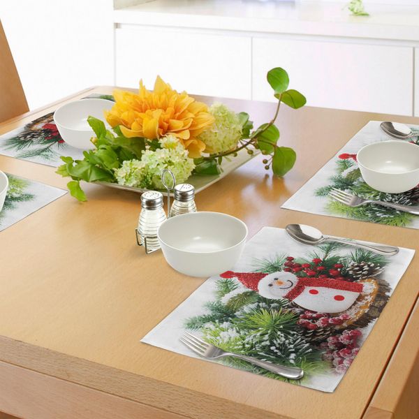 Tovagliette Natalizie Abakuhaus, Stile Retrò E Tema Capodanno Con Caratteristiche E Stampa In Legno Ricoperta Di Neve, Decorazioni Da Tavola In Tessuto Resistente Al Lavaggio Per La Sala Da Pranzo E La Cucina, Bianco-image