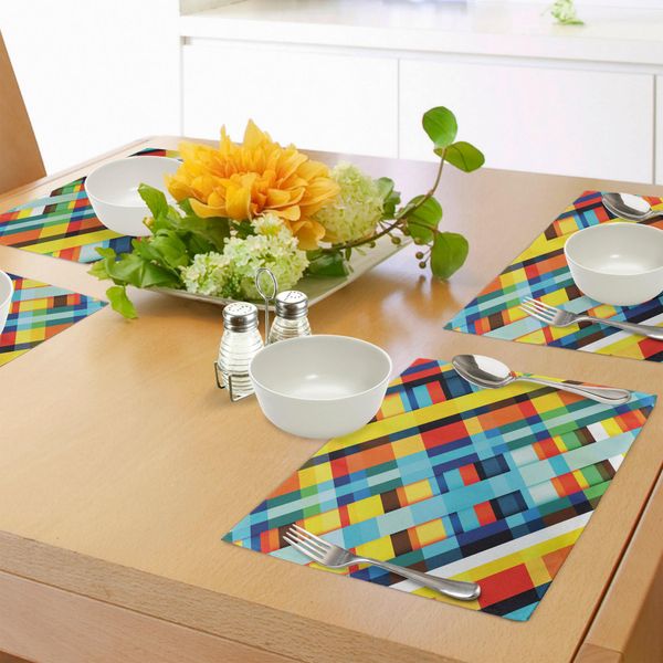Abakuhaus Tovagliette Colorate, Linee Chiare E Colorate A Strisce Con Elemento Diagonale - Stile Retrò Con Un Tocco Moderno, Tiscjdeco In Tessuto Resistente Al Lavaggio Per La Sala Da Pranzo E La Cucina, Multicolore-image