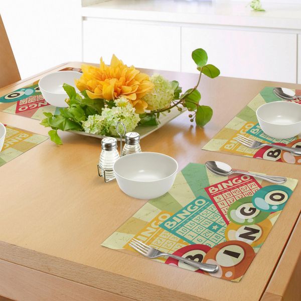 Abakuhaus Tovagliette Vintage, Gioco Del Bingo Con Pallina E Cartelle Pop Art Lotteria Stilizzata Hobby Celebration Theme, Tiscjdeco In Tessuto Resistente Ai Colori Per La Sala Da Pranzo E La Cucina, Multicolore-image