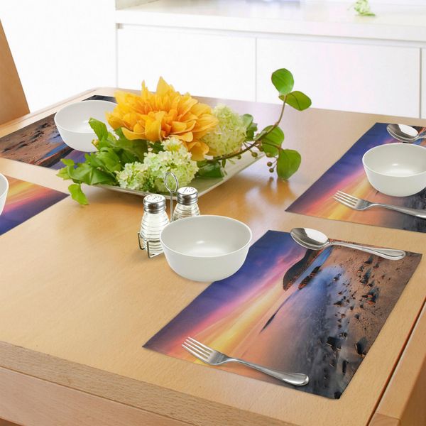 Tovagliette Da Spiaggia Abakuhaus, Famosa Alba Mediterranea Sulla Spiaggia Con Ciottoli, Stampa Panoramica Serena, Tiscjdeco In Tessuto Resistente Al Colore Per La Sala Da Pranzo E La Cucina, Multicolore-image
