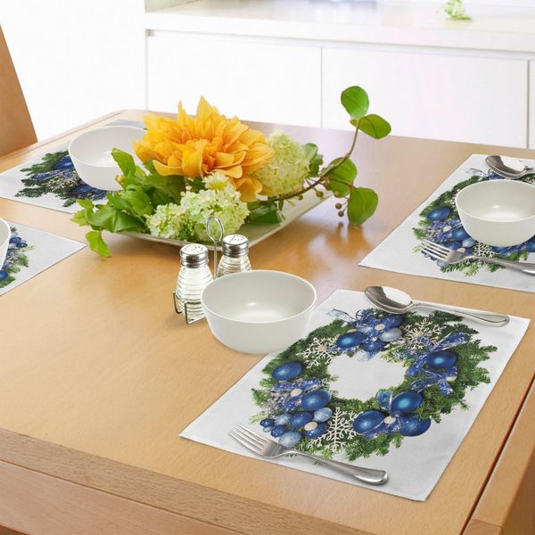Abakuhaus Tovagliette Natalizie, Ghirlanda Di Capodanno Con Decorazioni E Fiocchi Di Neve Ornamentali, Tema Noel Yuletide, Decorazioni Da Tavola In Tessuto Resistente Ai Colori Per La Sala Da Pranzo E La Cucina, Verde Blu-image
