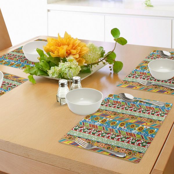 Abakuhaus Tovagliette A Righe, Colorate, Stile Retrò Primaverile-Estivo, Motivo Patchwork, Girasole, Farfalla, Fragola, Decorazioni Da Tavola In Tessuto Resistente Al Lavaggio Per Sala Da Pranzo E Cucina, Multicolore-image