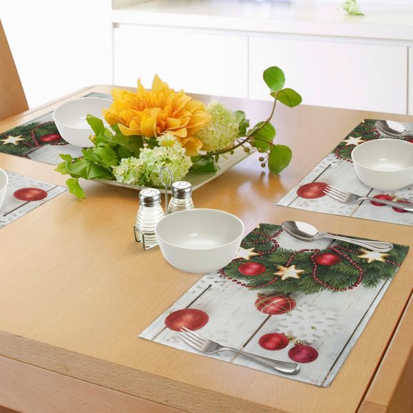 Tovagliette Natalizie Abakuhaus, Nostalgica Ghirlanda Floreale Natalizia Con Nastri A Palline Su Sfondo Rustico, Decorazioni Da Tavola In Tessuto Resistente Al Lavaggio Per La Sala Da Pranzo E La Cucina, Verde Rosso-image