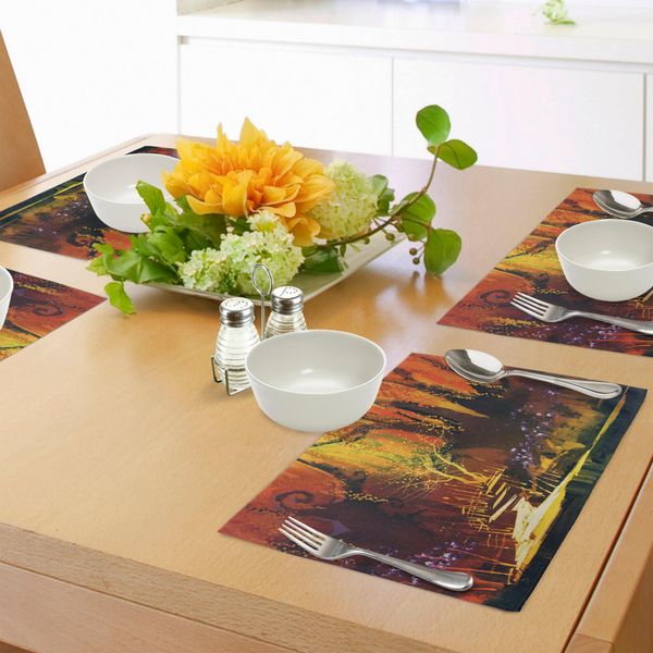 Tovagliette Fantasia Abakuhaus, Enchanted World Imaginary Forest Con Fantastico Paesaggio E Elementi Assurdi, Tiscjdeco In Tessuto Resistente Al Lavaggio Per Sala Da Pranzo E Cucina, Arancione Marrone-image