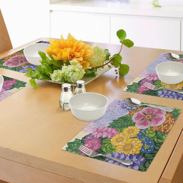 Abakuhaus Tovagliette Colorate, Petali Naturali Florets Vintage Boccioli Romantici Fiori Estivi Design Femminile, Tiscjdeco In Tessuto Resistente Al Lavaggio Per La Sala Da Pranzo E La Cucina, Viola Verde-image