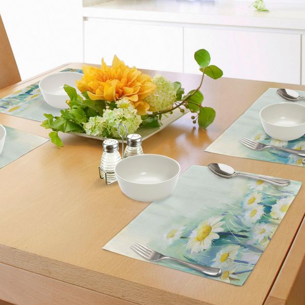 Tovagliette Abakuhaus Con Motivi Floreali, Margherite Su Erba - Madre Terra - Icone Impressionistiche Della Natura - Stampa, Tiscjdeco In Tessuto Resistente Al Lavaggio Per Sala Da Pranzo E Cucina, Azzurro E Bianco-image