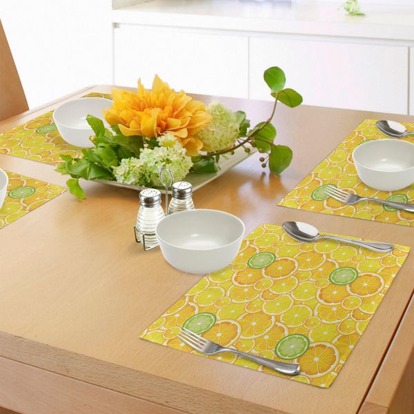 Abakuhaus Tovagliette Gialle, Limone Arancia Lime Frutta Agrumi Cerchi Grandi E Piccoli Motivi, Tiscjdeco In Tessuto Resistente Al Lavaggio Per La Sala Da Pranzo E La Cucina, Giallo Bianco E Verde-image