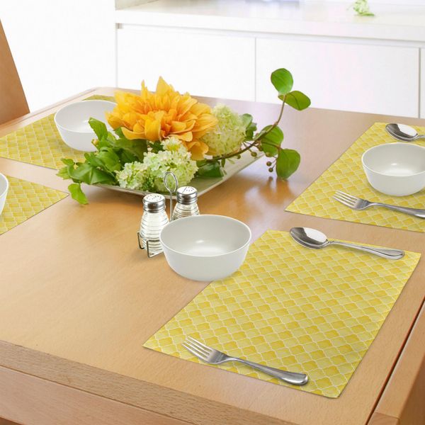 Abakuhaus Tovagliette Gialle, Motivo Geometrico Antico Marocchino A Quattro Foglie Con Sfumature Ombreggiate, Tiscjdeco In Tessuto Resistente Al Lavaggio Per Sala Da Pranzo E Cucina, Giallo E Bianco-image
