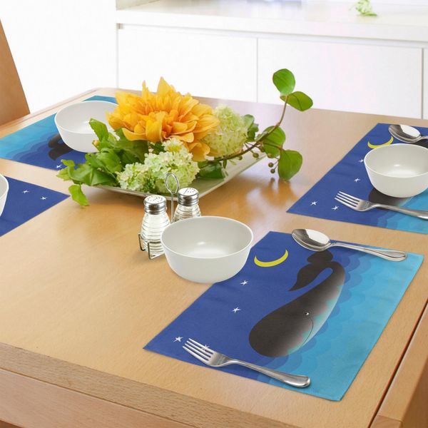 Tovagliette Abakuhaus Wal, Lovely Whale Nell'oceano Con Luna E Stelle Ottimo Design A Misura Di Bambino, Tiscjdeco In Tessuto Resistente Al Lavaggio Per La Sala Da Pranzo E La Cucina, Blu Grigio E Azzurro-image