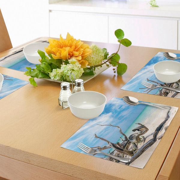 Abakuhaus Tovagliette In Legno Galleggiante, Tema Paesaggio Marino Ramificato Sulla Spiaggia Sabbiosa Di Cuba E Immagine Del Cielo, Sottobicchieri In Tessuto Lavabile Decorazione Da Tavola Con Stampa, Turchese Azzurro Cielo-image