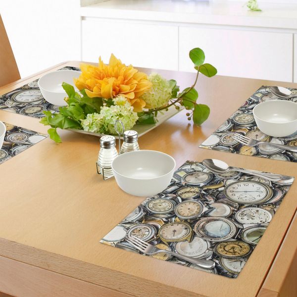 Tovagliette Abakuhaus, Tema Antico Una Pila Di Diversi Orologi In Stile Vintage Design Retrò, Tiscjdeco In Tessuto Resistente Al Lavaggio Per La Sala Da Pranzo E La Cucina, Beige Grigio-image