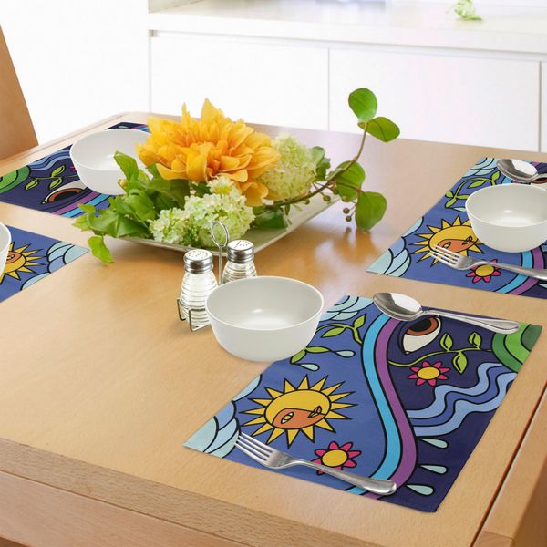 Abakuhaus Tovagliette Astratte, Illustrazione Spirituale Della Natura Con Sun Sky Flowers E Numeri Degli Occhi Eco Design, Tiscjdeco In Tessuto Resistente Al Colore Per La Sala Da Pranzo E La Cucina, Multicolore-image
