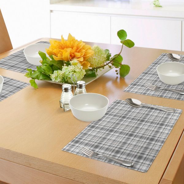 Abakuhaus Tovagliette Grigie, Motivo Con Strisce Modificate, Linee Orizzontali E Verticali Incrociate Che Formano Quadrati, Sottobicchieri In Tessuto Lavabile, Decorazione Da Tavola Con Stampa, Bianco Grigio-image