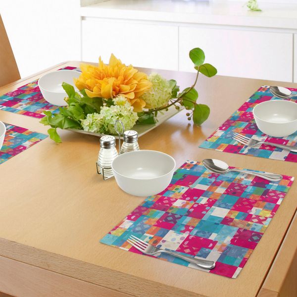 Abakuhaus Tovagliette Moderne, Motivo Astratto Con Pois, Quadrati E Linee A Zig Zag, Stampa Urban Art, Tiscjdeco In Tessuto Resistente Al Lavaggio Per Sala Da Pranzo E Cucina, Multicolore-image