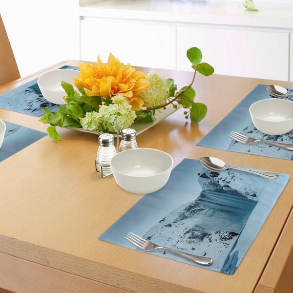 Tovagliette Abakuhaus Cascata, Cascata Ghiacciata Paesaggio Celestiale Con Montagne Ricoperte Di Neve Art, Tiscjdeco In Tessuto Resistente Al Colore Per La Sala Da Pranzo E La Cucina, Blu Petrolio-image