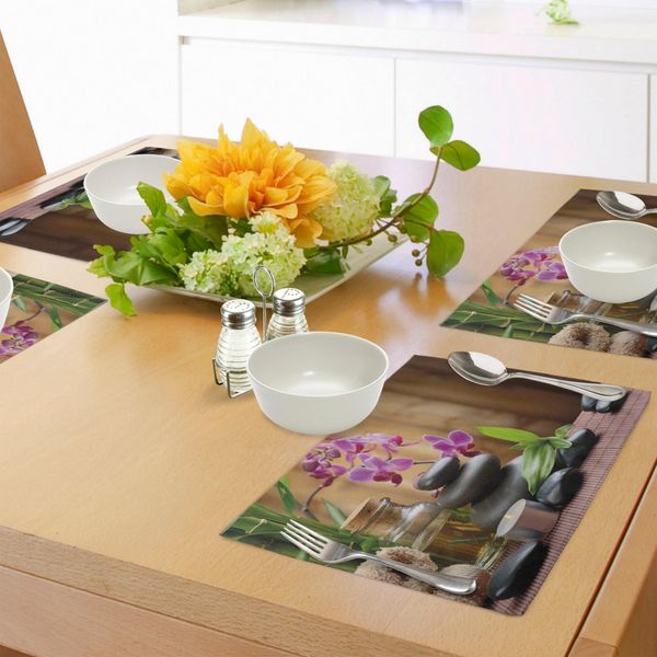 Tovagliette Abakuhaus Spa, Calda E Accogliente Reception Della Spa, Grandi Pietre Curative, Candele Profumate, Fiori Stampati, Decorazioni Da Tavola In Tessuto Resistente Al Lavaggio Per La Sala Da Pranzo E La Cucina, Viola, Nero E Verde.-image