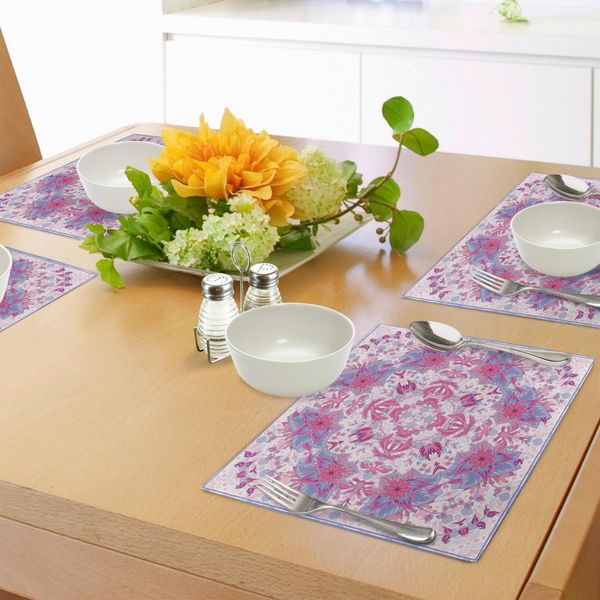 Tovagliette Abakuhaus Malva, Arabesque Boho Etnico Orientale Persiano Floreale Orientale Design Antico, Tiscjdeco In Tessuto Resistente Al Lavaggio Per Sala Da Pranzo E Cucina, Azzurro E Rosa-image