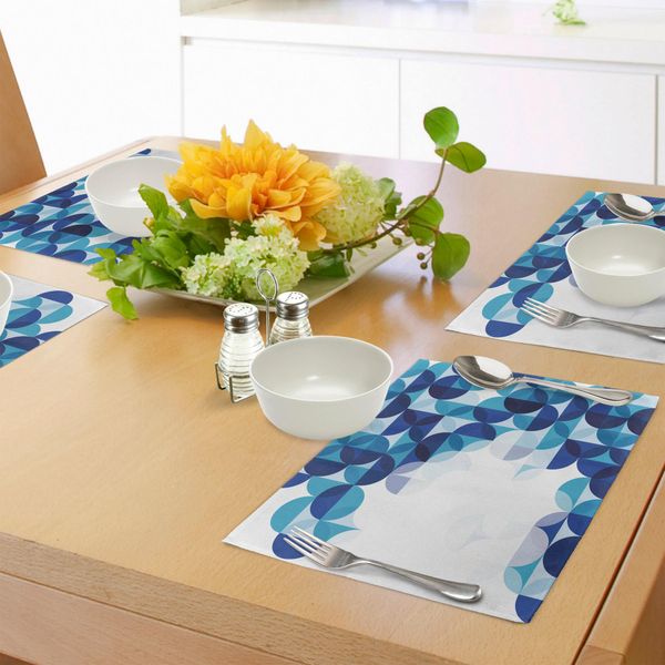 Abakuhaus Tovagliette Astratte, Motivo Geometrico Moderno Cerchiato Con Grafica Su Sfondo Bianco, Tiscjdeco In Tessuto Resistente Al Lavaggio Per La Sala Da Pranzo E La Cucina, Blu Scuro, Bianco E Blu-image