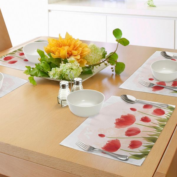 Tovagliette Abakuhaus, Romantico Campo Di Tulipani In Fiore, Boccioli Freschi Dall'effetto Acquerello, Decorazioni Da Tavola In Tessuto Resistente Al Lavaggio Per La Sala Da Pranzo E La Cucina, Rosso Cinabro, Pesca, Verde.-image