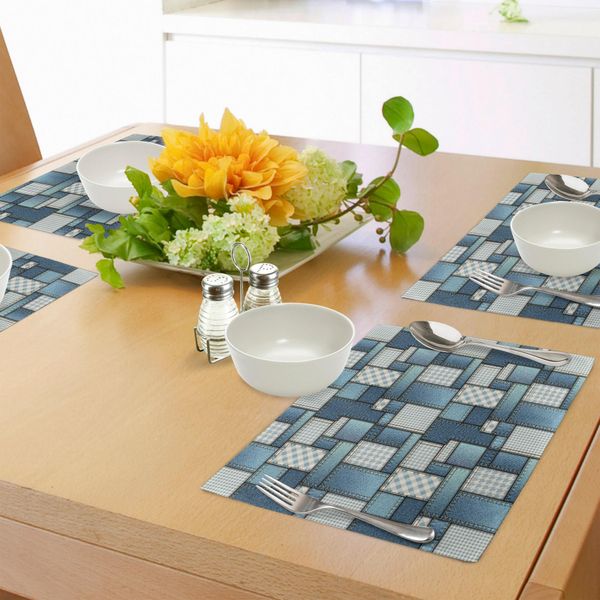 Tovagliette In Tessuto Abakuhaus, Sfondo Con Motivo Denim E Alcune Immagini Di Cucito, Design Astratto Semplice, Decorazioni Da Tavola In Tessuto Resistente Al Lavaggio Per La Sala Da Pranzo E La Cucina, Azzurro E Blu-image