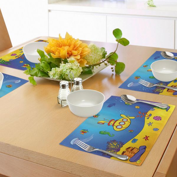 Abakuhaus Tovagliette Sottovaso Giallo Sottomarino, Bambini Del Mare - Pesci Colorati Meduse Sottomarine Cavallucci Marini Conchiglie Stelle Marine, Tiscjdeco In Tessuto Resistente Al Lavaggio Per La Sala Da Pranzo E La Cucina, Giallo Blu-image