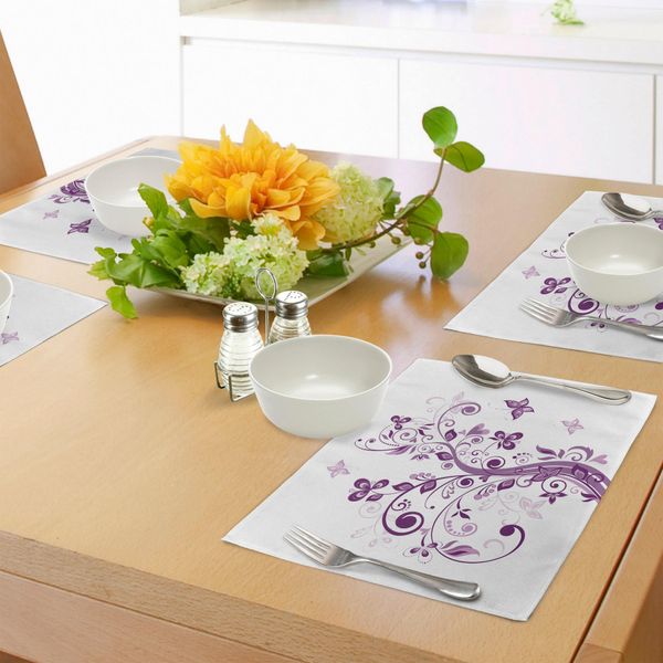 Abakuhaus Tovagliette Malva, Albero Con Rami E Fiori Che Si Intrecciano, Tema Butterfly Bridal Inspirations, Tiscjdeco In Tessuto Resistente Al Lavaggio Per Sala Da Pranzo E Cucina, Viola Bianco-image