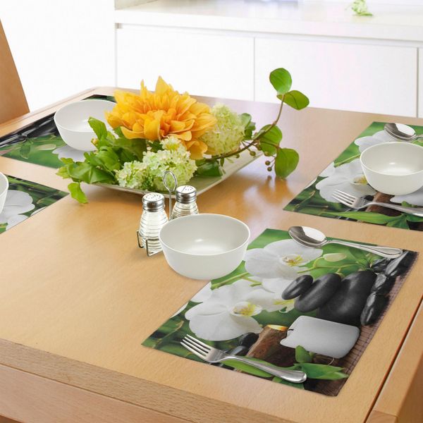 Tovagliette Abakuhaus Spa, Pietre Calde Zen Per Massaggi Con Candele All'orchidea E Meravigliosi Rimedi Naturali, Tovagliette Decorative In Tessuto Resistente Al Lavaggio Per La Sala Da Pranzo E La Cucina, Bianco, Nero E Verde.-image