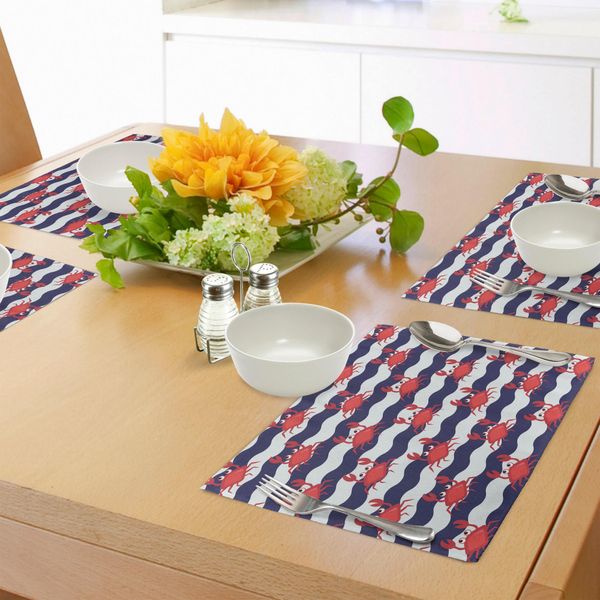 Tovagliette Abakuhaus Con Motivo A Granchi, Simpatici Granchi Su Sfondo A Righe Con Stampa Illustrativa, Decorazione Da Tavola In Tessuto Resistente Al Lavaggio Per La Sala Da Pranzo E La Cucina, Blu Navy E Rosso.-image