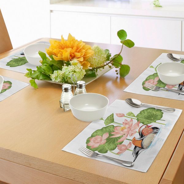 Tovagliette Abakuhaus Con Paperelle Da Bagno, Paperelle Mandarino Nel Laghetto Con Fiori Di Loto E Ninfea Dipinti Ad Acqua, Decorazioni Da Tavola In Tessuto Resistente Al Lavaggio Per La Sala Da Pranzo E La Cucina, Bianco, Verde E Rosa-image