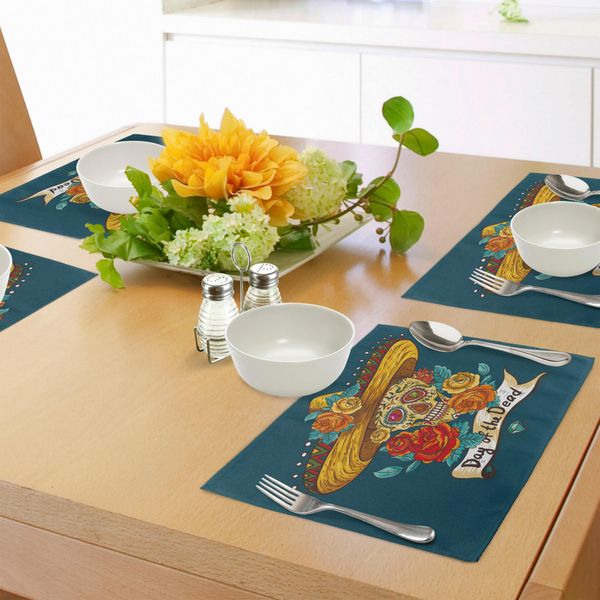 Abakuhaus Tovagliette Giorno Dei Morti, Cappello Festivo Messicano Con Teschi E Rose Stampati, Decorazioni Da Tavola In Tessuto Resistente Ai Colori Per La Sala Da Pranzo E La Cucina, Blu Petrolio, Turchese, Arancione-image