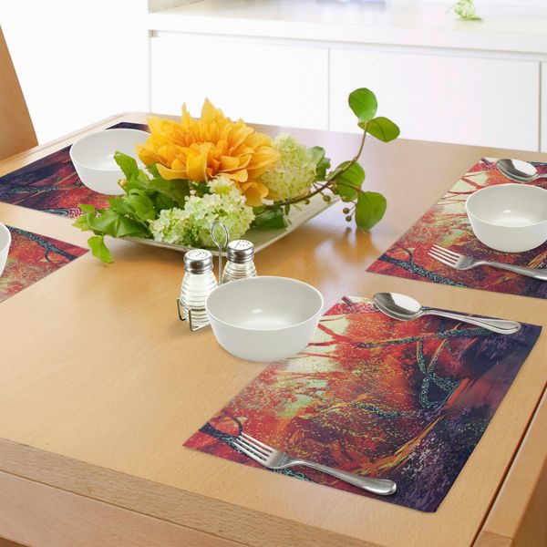 Tovagliette Fantasia Abakuhaus, Paesaggio Autunnale Nella Foresta Fiabesca Habitat, Vista Immaginaria, Tiscjdeco In Tessuto Resistente Al Lavaggio Per Sala Da Pranzo E Cucina, Arancione Viola-image