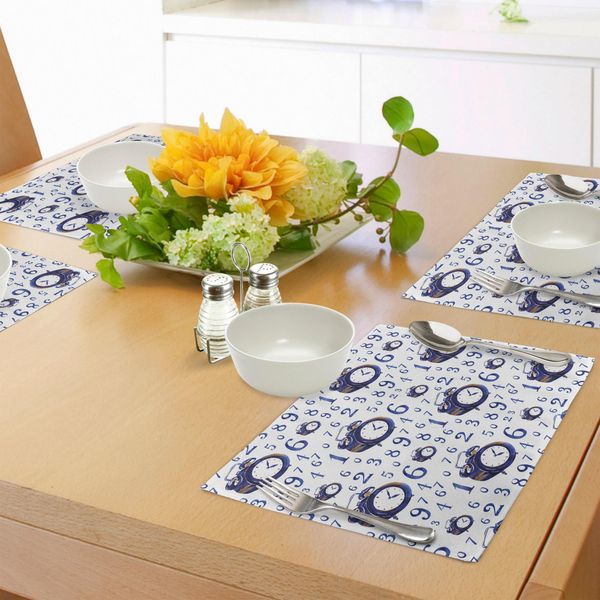 Tovagliette Abakuhaus, Effetto Acquerello Con Illustrazione Di Una Sveglia E Numeri Calligrafici, Tiscjdeco In Tessuto Resistente Al Lavaggio Per Sala Da Pranzo E Cucina, Bianco E Blu-image