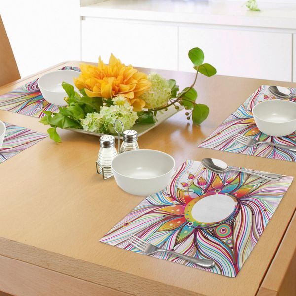 Abakuhaus Tovagliette Astratte, Disegno Floreale Ondulato E Fumoso Con Arcobaleno, Strisce E Linee Stampate, Tiscjdeco In Tessuto Resistente Al Lavaggio Per Sala Da Pranzo E Cucina, Multicolore-image